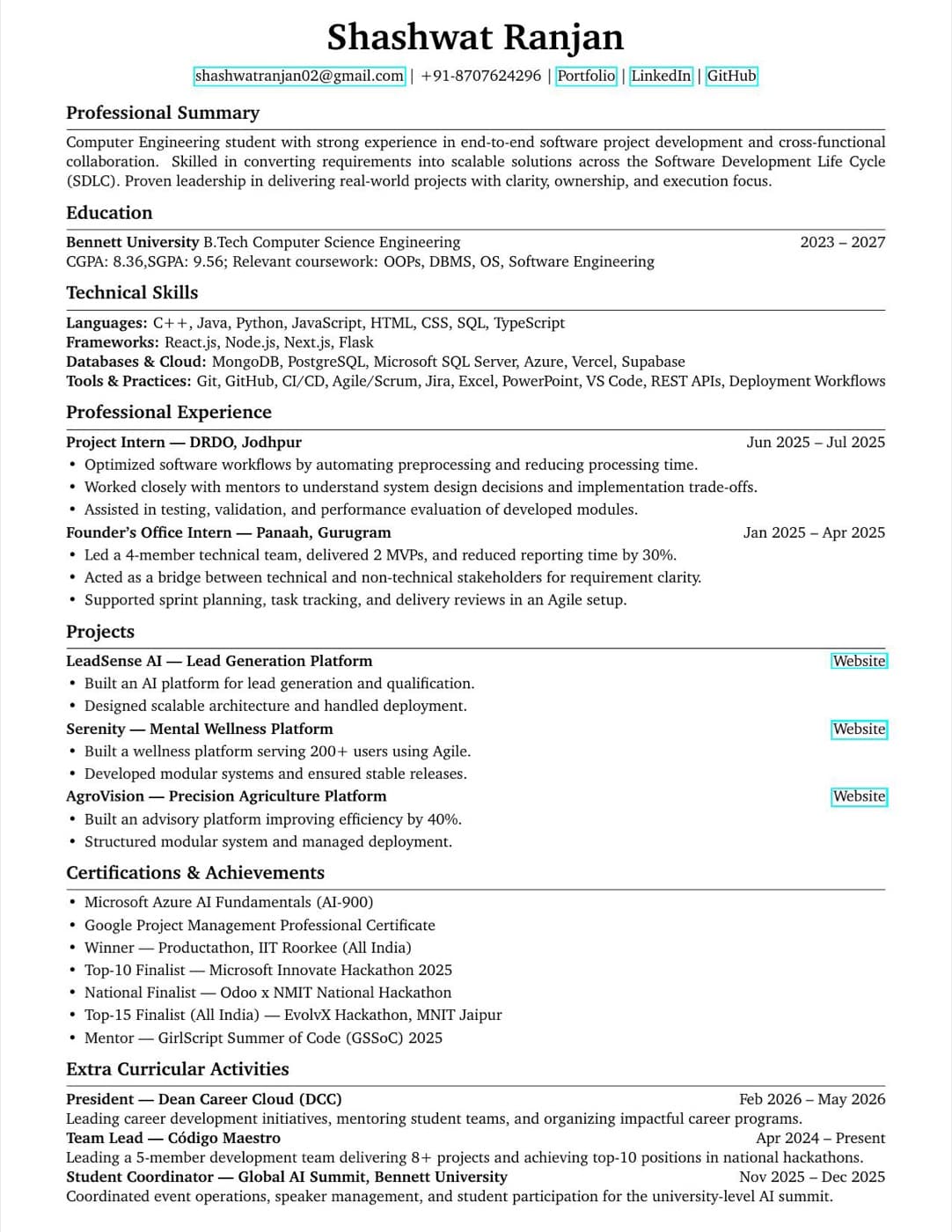Shashwat Ranjan — résumé preview